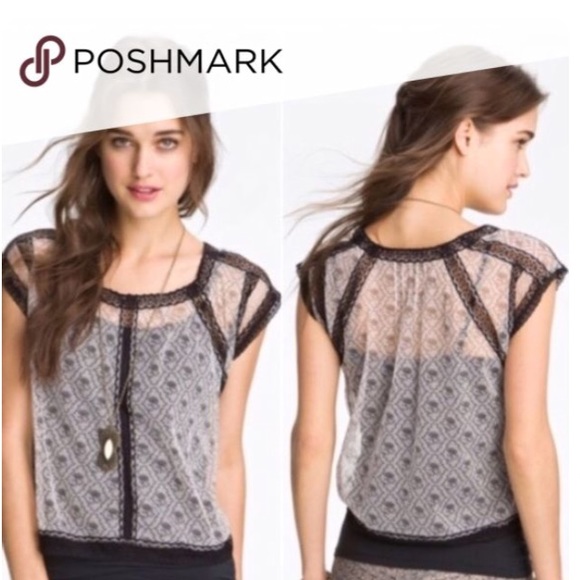Free People Tops - Free People Sheer Floral Print Lace Accent Top
